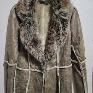 Allen B. By Allen Schwartz Textured Tan Jacket with Faux Fur